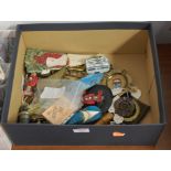 A box of miscellaneous items, to include pair of opera glasses, brass buckles, gramophone needle