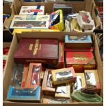Two boxes containing a collection of various diecast model vehicles including Dinky and Matchbox,