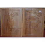 A pair of contemporary relief carved light oak hanging wall panels, one depicting a stag and the