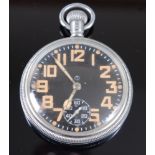 A military issue nickel cased open face pocket watch, having a black dial with luminous Arabic