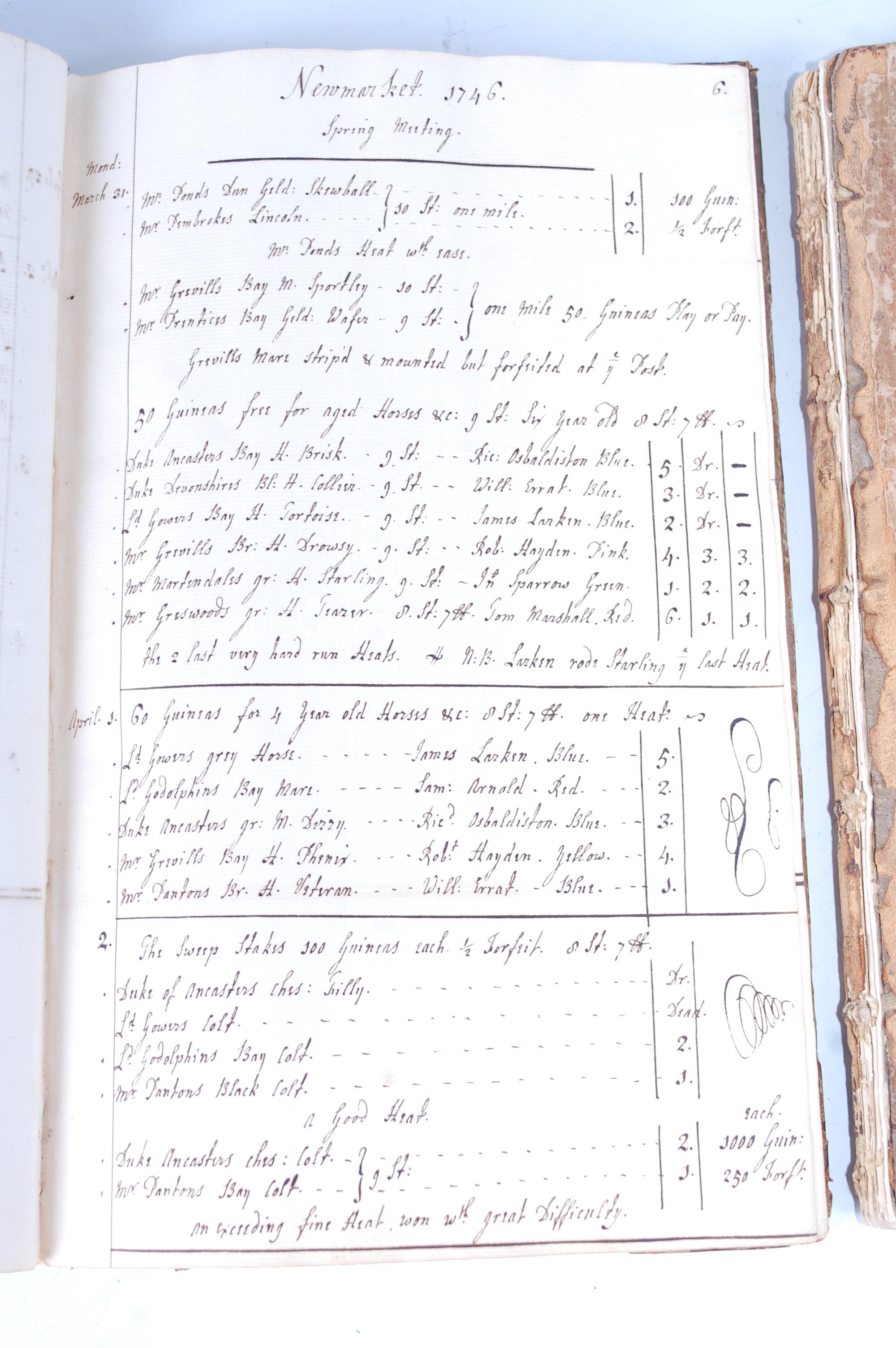 Newmarket Races, 18th century hand written ledgers showing all of the dates, meetings, runners and - Image 6 of 11