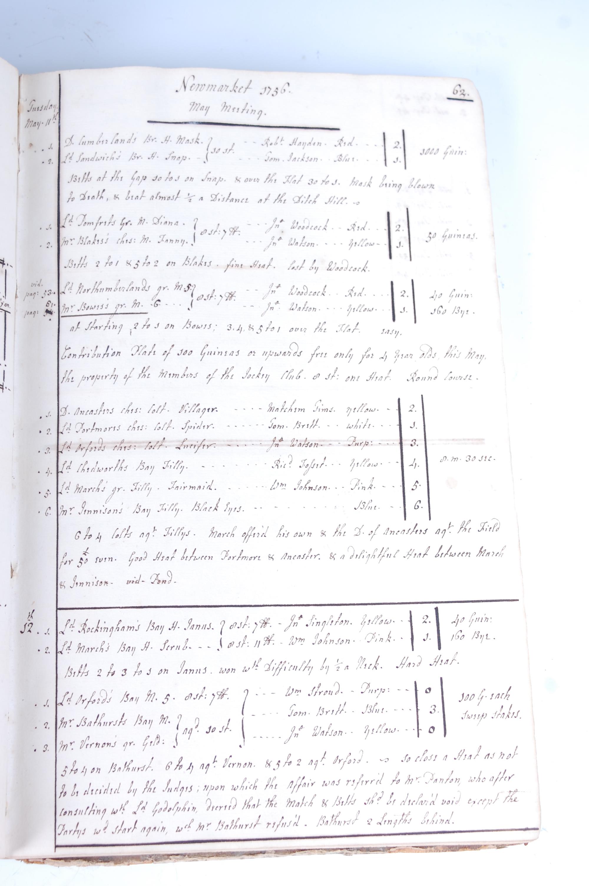 Newmarket Races, 18th century hand written ledgers showing all of the dates, meetings, runners and - Image 10 of 11