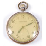 A Jaeger-LeCoultre military issue nickel cased open faced pocket watch, having an enamel dial with