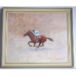 Allan Hardy, (20th century), Racehorse and jockey, oil on board, signed lower right, 45 x 54cm.