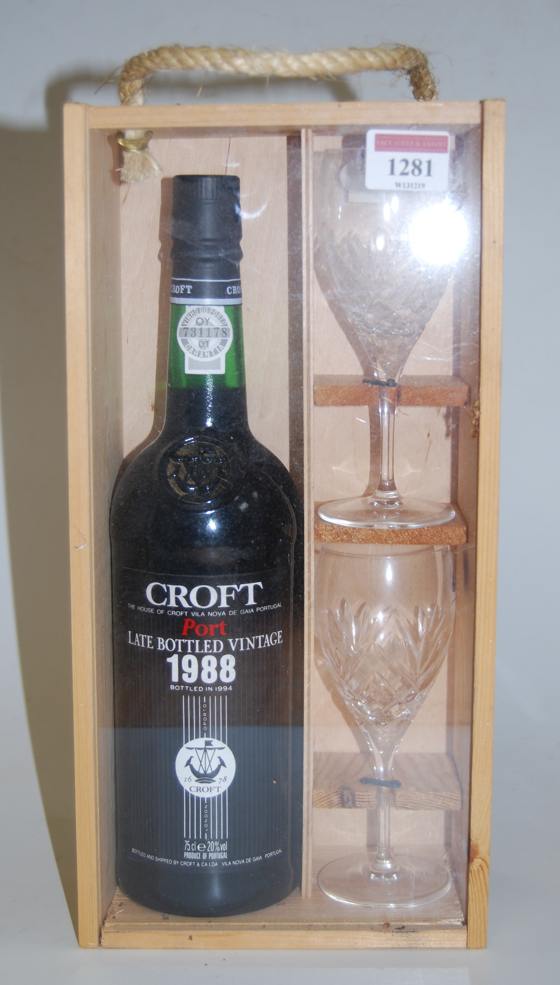 Croft 1988 LBV port, three bottles each in gift box with a pair of glasses