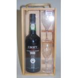 Croft 1988 LBV port, three bottles each in gift box with a pair of glasses
