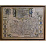 John Speed - engraved county map of Suffolk with inset coats of arms and town plan for Ipswich,