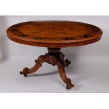 A Victorian figured walnut and marquetry inlaid pedestal breakfast or centre table, the circular