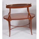 A late Victorian Sheraton Revival mahogany and satinwood inlaid oval two-tier etagere, having