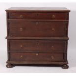 A circa 1700 and later oak chest, as an arrangement of four long drawers with applied half-turned