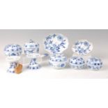 A collection of mid-19th century Meissen porcelain wares, each blue and white decorated in the Onion
