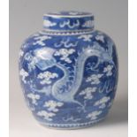 A circa 1900 Chinese blue and white stoneware ginger jar and cover, of bulbous slightly shouldered