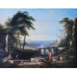 18th century Continental school - Figures in a coastal landscape amidst Classical ruins, oil on