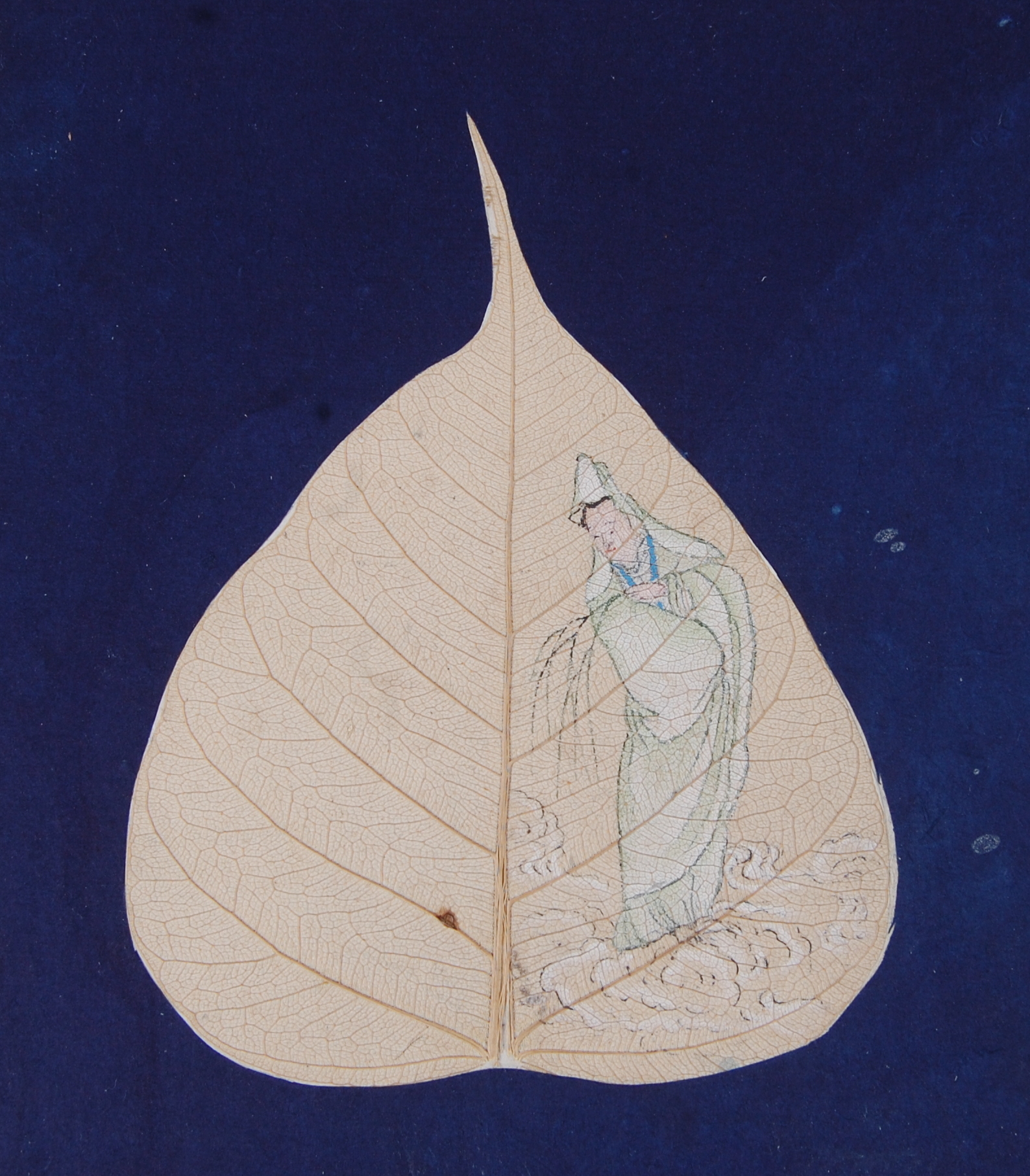 An album of Bodhi tree leaf paintings, containing eighteen gouache paintings depicting various - Image 18 of 21