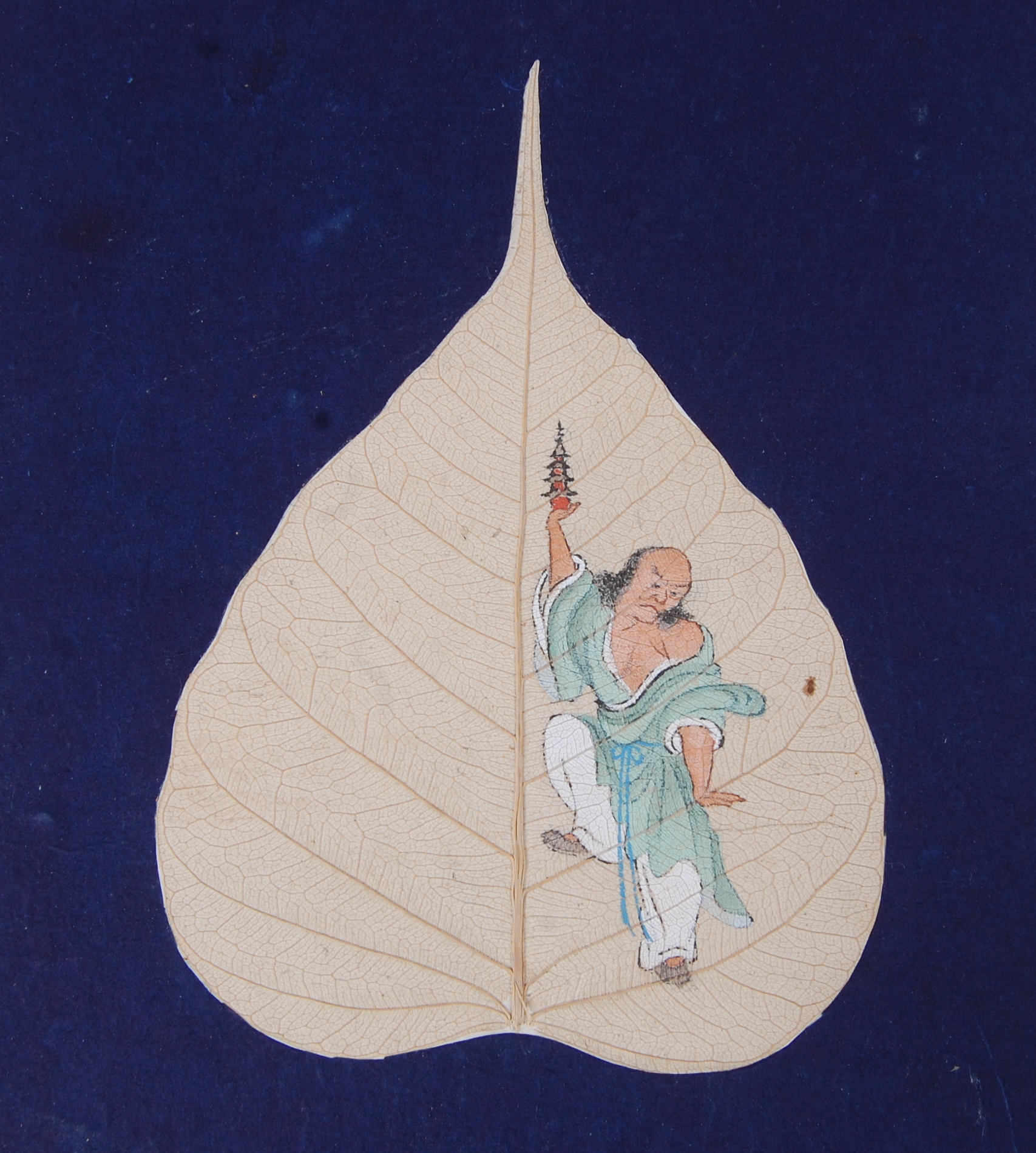 An album of Bodhi tree leaf paintings, containing eighteen gouache paintings depicting various - Image 9 of 21