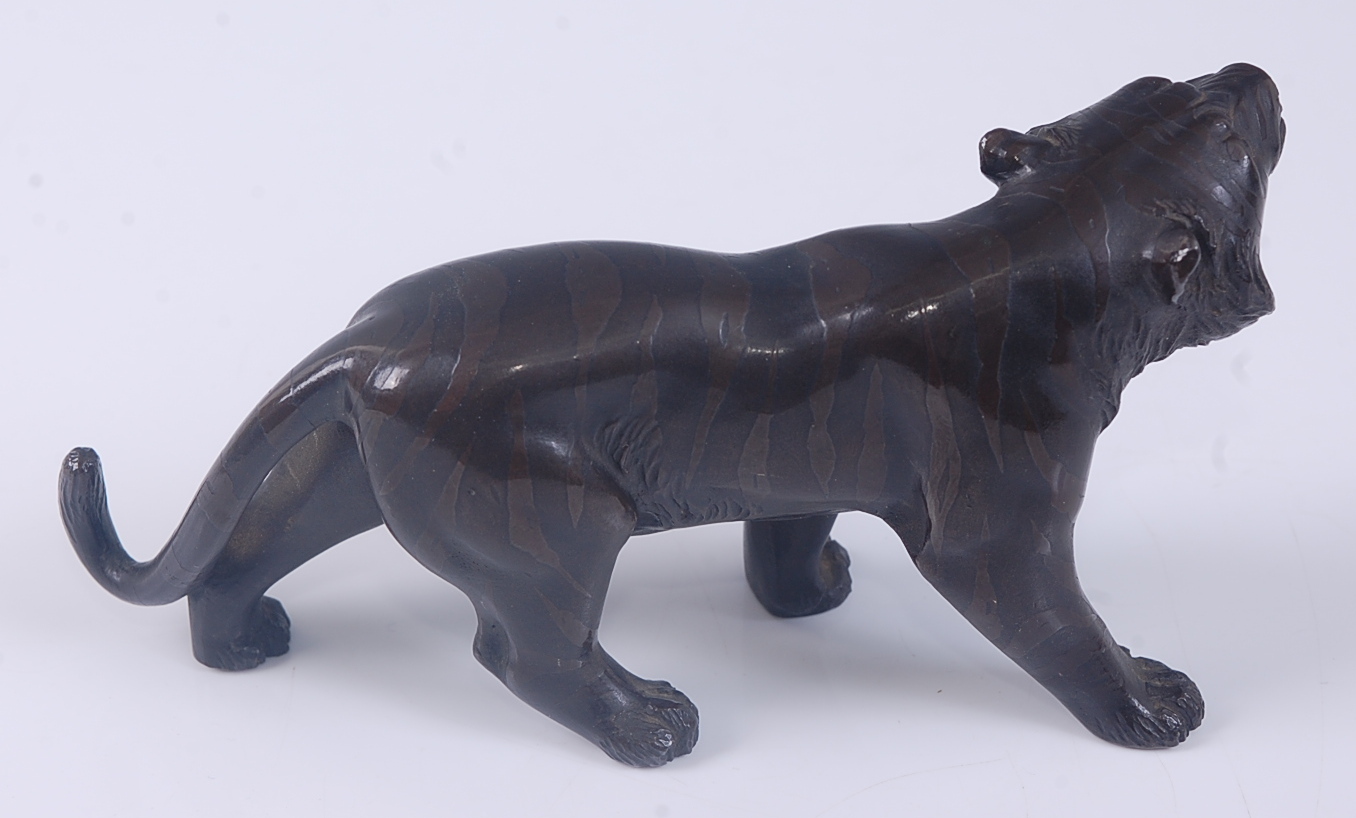 A Japanese Meiji Period (1868-1912) bronze Tiger, in standing roaring pose, with patinated stripes - Image 3 of 4