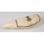 A Victorian silver mounted sperm whale tooth snuffbox, the hinged cover with silver mounts and