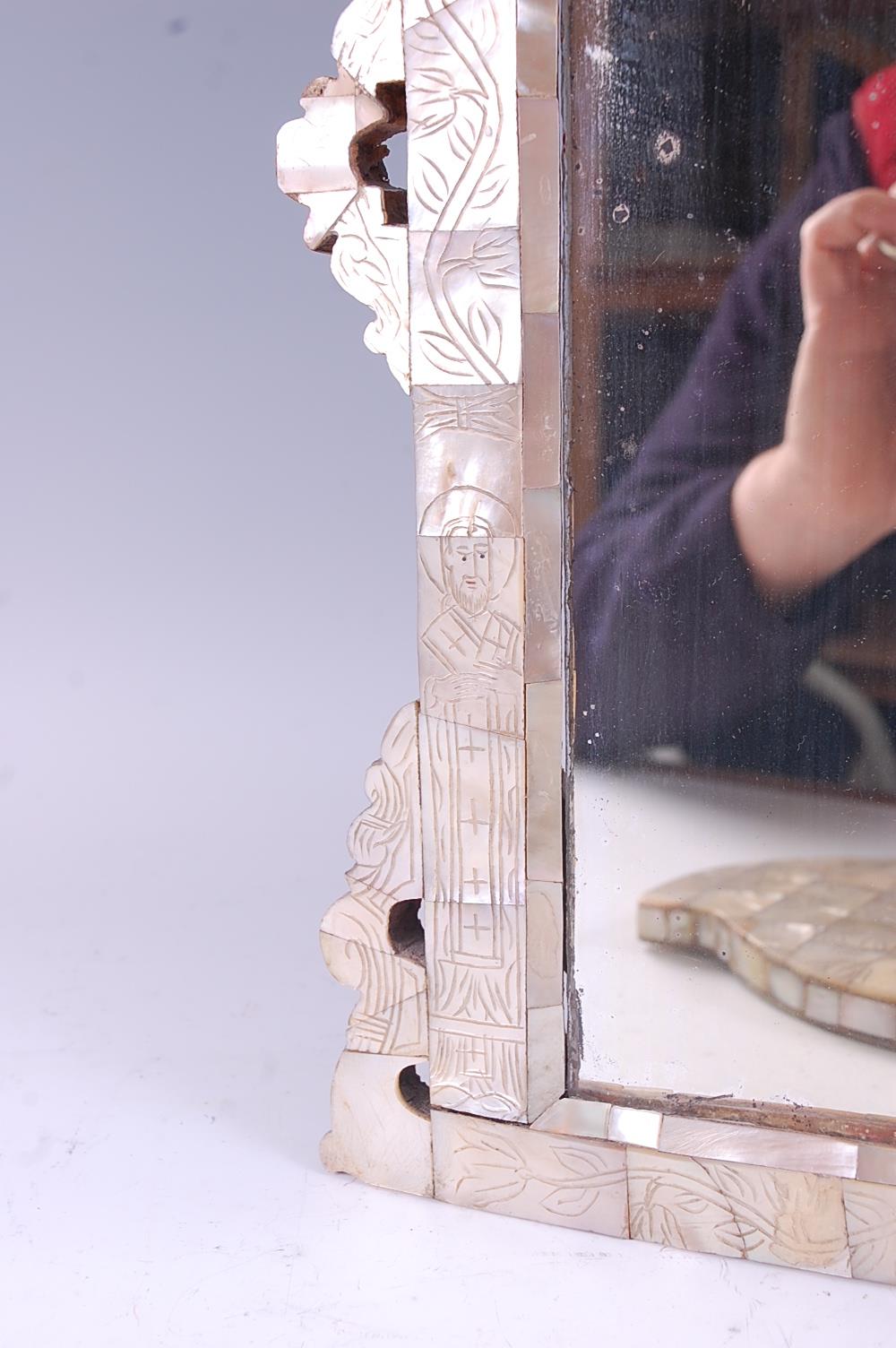 A mother of pearl parquetry easel mirror, having stencilled details of religious figures, h.60cm; - Image 5 of 5