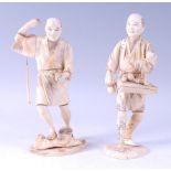 A Japanese Meiji period carved ivory and penwork decorated okimono, of a fisherman in standing pose,