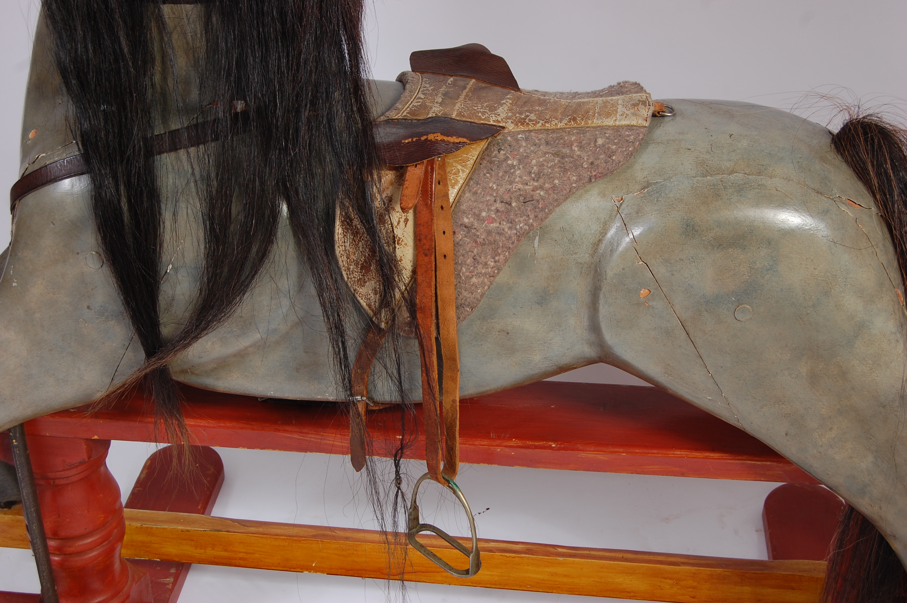 A large early/mid 20th century painted pine dapple grey rocking horse , having a partially leather - Image 3 of 3