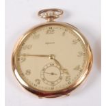A 14ct yellow gold 'Alpina' open face keyless pocket watch, with a round cream Arabic dial and