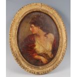 18th century English school - Diana holding a sword, oil on oak panel, framed as an oval, 24 x 19cm