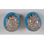 A pair of 18ct gold, diamond and turquoise enamel ear clips, of good size, each of oval form with