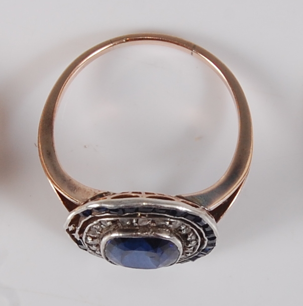 An early 19th century rose and white metal, sapphire and diamond oval cluster ring, featuring a - Image 2 of 3