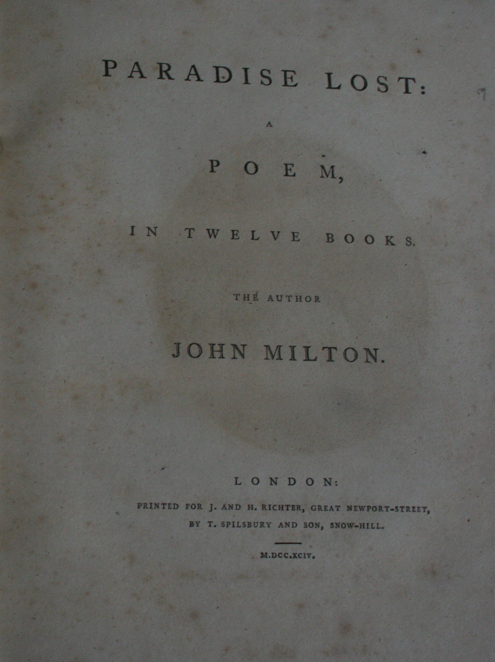 MILTON, John. Paradise Lost, a Poem in Twelve Books. J and H Richter, London, 1794. 1 st thus. - Image 2 of 3