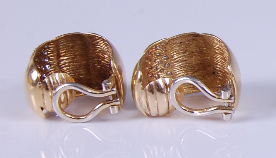 A pair of yellow metal diamond set half hoop style ear clips, each with a pavé set section of 33 - Image 2 of 2