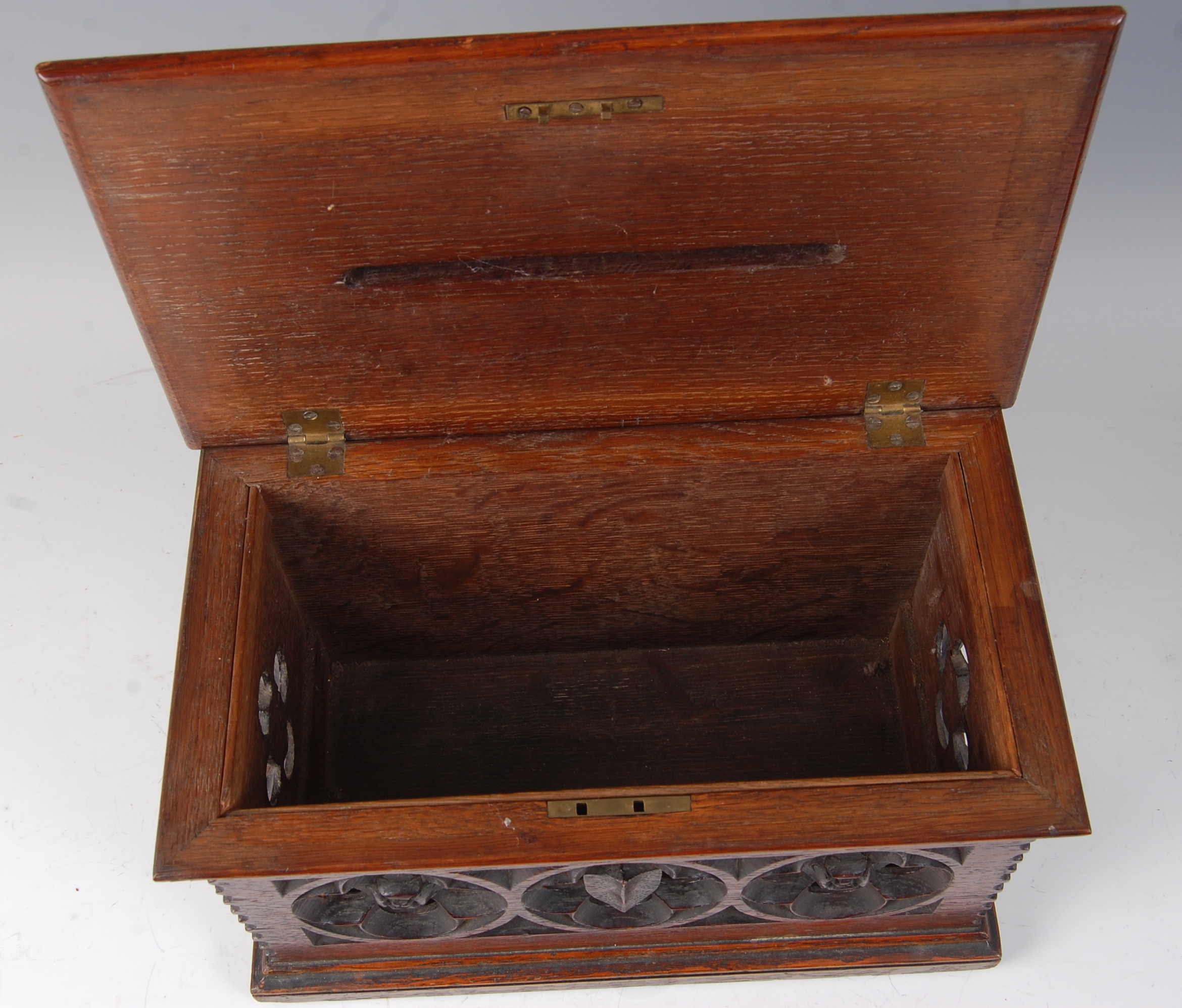 A Victorian carved oak offertory box, having hinged cover and Gothic influence flower head carvings, - Image 3 of 3