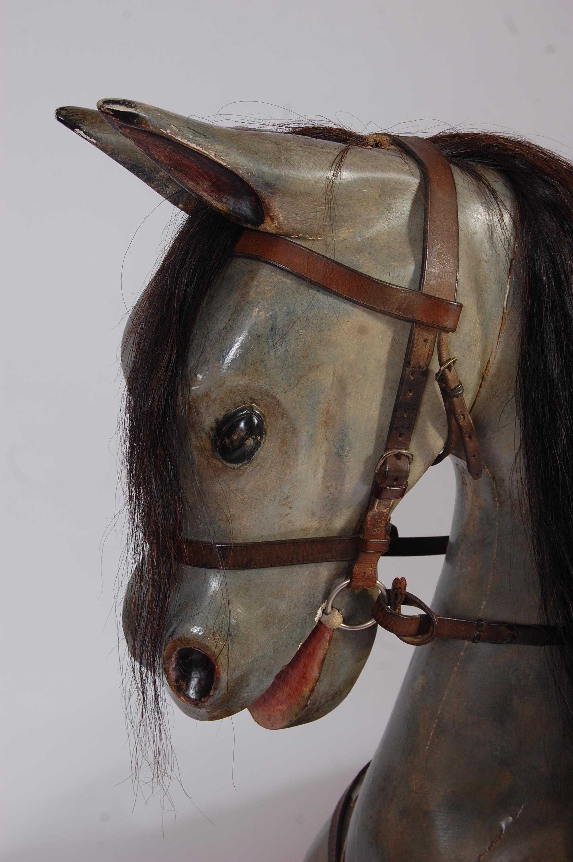 A large early/mid 20th century painted pine dapple grey rocking horse , having a partially leather - Image 2 of 3