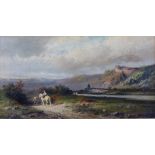 William Henry Cooper - A river landscape with travellers on a track and castle on a hill beyond, oil