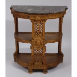 A late 19th century French gilt wood breakfront demi-lune three tier console table , the black