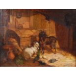 Henry William Carter (act.1867-1904) - Goats with birds feeding and lurking cat in a farmyard, oil