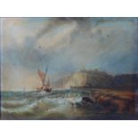 19th century English school - Coastal scene with sailing boat on the rocks, oil on canvas, 45 x