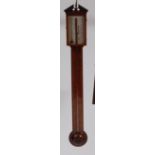 An early 19th century mahogany and boxwood strung stick barometer, the silvered scale signed M.