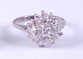 A white metal diamond circular cluster ring, featuring a centre round brilliant cut diamond with two