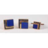 A yellow metal, lapis and sapphire cufflink and tie-pin set, the square shaped cufflinks each set