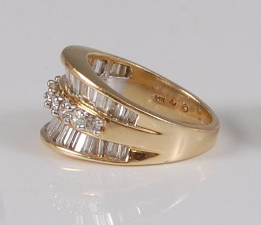 A contemporary 14ct gold diamond dress ring, arranged as a centre row of nine four-claw set - Image 3 of 3