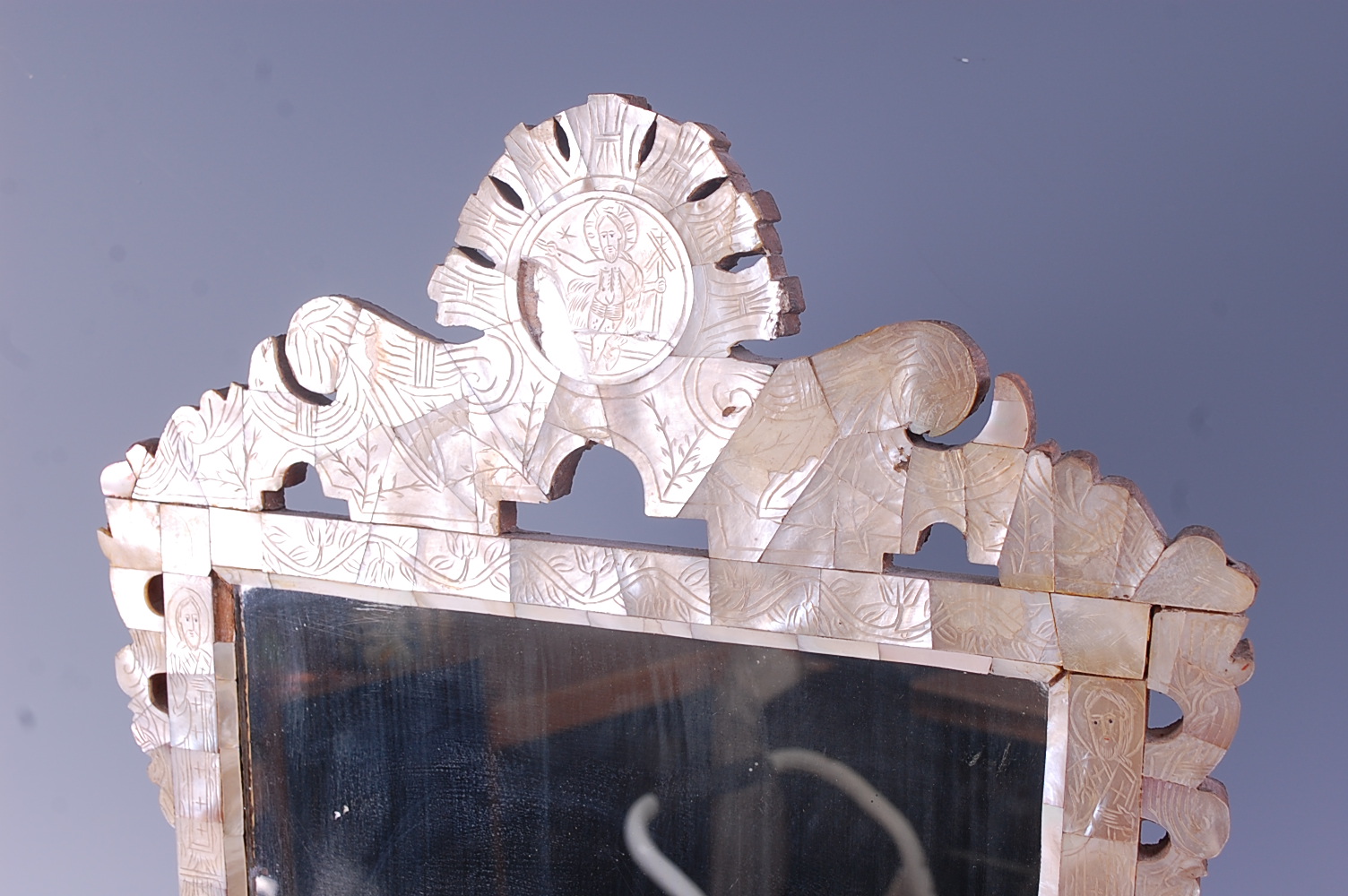 A mother of pearl parquetry easel mirror, having stencilled details of religious figures, h.60cm; - Image 3 of 5