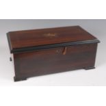 A late 19th century Swiss rosewood and inlaid music box, the 7" cylinder playing ten airs, having
