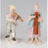 A near-pair of Meissen porcelain musician figures, him playing a violin and her playing a harp, each