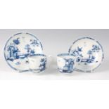 Two Lowestoft porcelain blue and white cups and saucers, circa 1770, each decorated in the Long