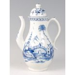 A Lowestoft porcelain coffee pot and cover, circa 1770-72, underglaze blue painted with an