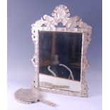 A mother of pearl parquetry easel mirror, having stencilled details of religious figures, h.60cm;