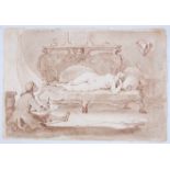 Late 18th century school - a life drawing study with artist and female nude, ink and sepia wash,
