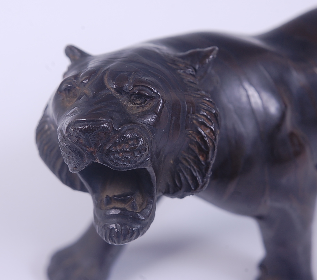 A Japanese Meiji Period (1868-1912) bronze Tiger, in standing roaring pose, with patinated stripes - Image 2 of 4