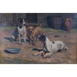 John Ley Pethybridge (1865-1905) - Foxhounds and terrier under long shadows, oil on canvas, signed