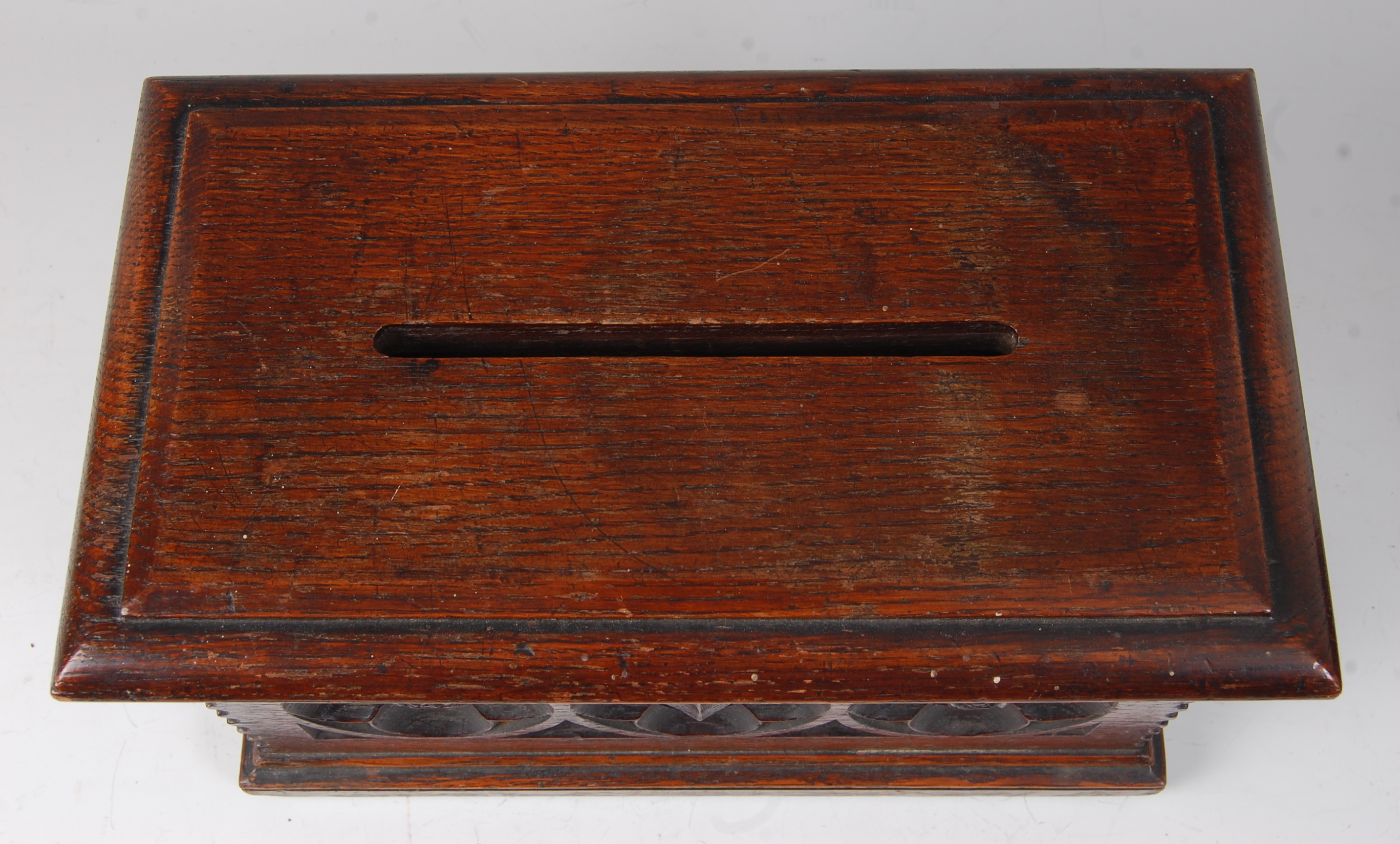 A Victorian carved oak offertory box, having hinged cover and Gothic influence flower head carvings, - Image 2 of 3